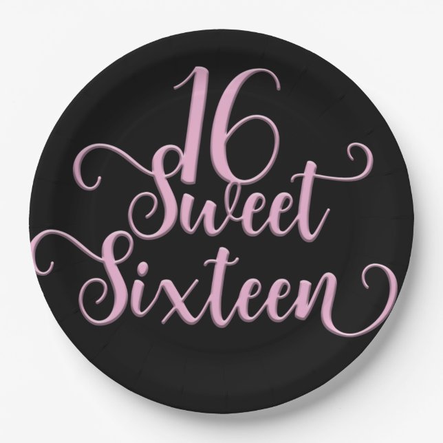 Black & Pink Sweet 16 Birthday Party Paper Plates (Front)