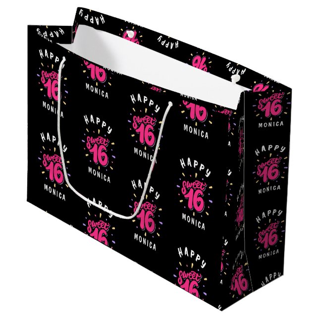 Black Pink Sweet 16 Personalized Birthday Large Gift Bag (Front Angled)