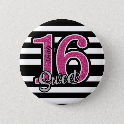 Black Pink Sweet 16 Personalized Button