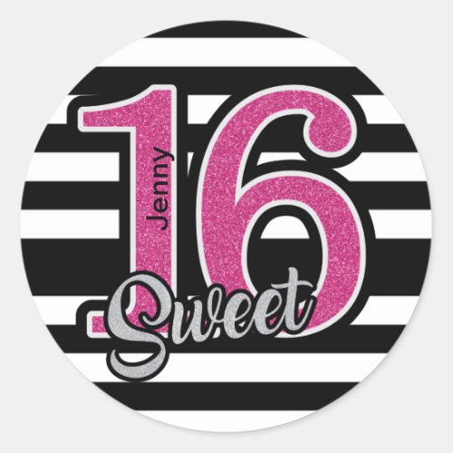 Black Pink Sweet 16 Personalized Classic Round Sticker