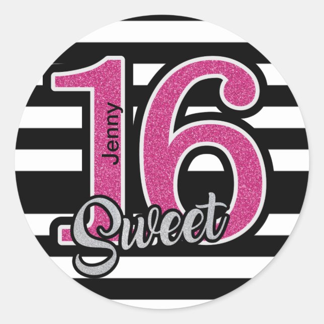 Black Pink Sweet 16 Personalized Classic Round Sticker (Front)
