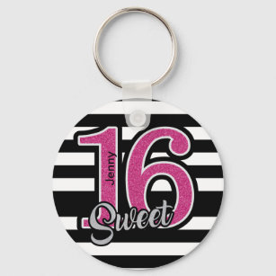 Black Pink Sweet 16 Personalized Keychain