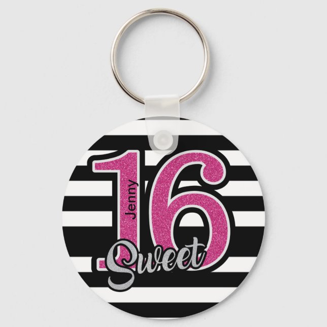 Black Pink Sweet 16 Personalized Keychain (Front)