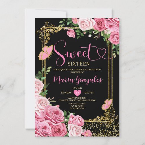 Black Pink Sweet Sixteen Gold 16th Girl Birthday Invitation