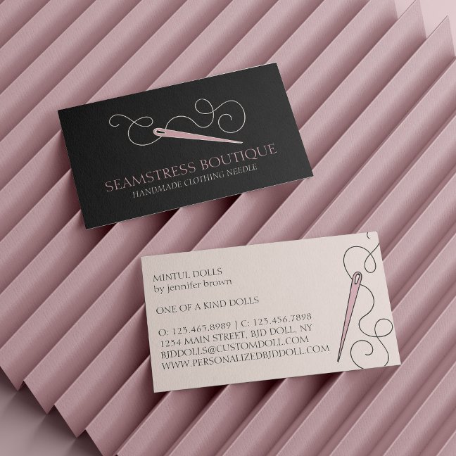 Black Pink Tailor Seamstress Alterations Needle Business Card