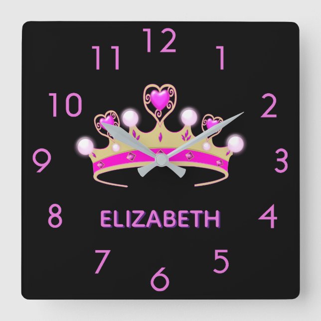 Black pink tiara crown princess name square wall clock (Front)