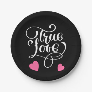 Black & Pink True Love Typography Wedding Party Paper Plates
