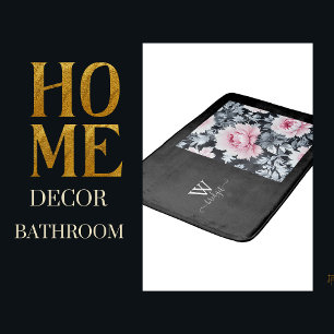 black & pink vintage Beautiful Garden Flowers Bath Mat