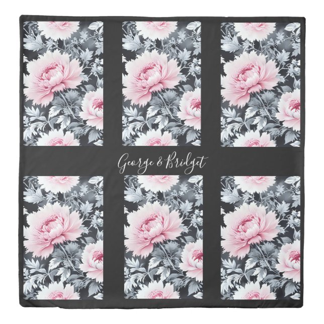 black & pink vintage Beautiful Garden Flowers Duvet Cover (Front)