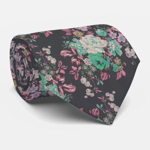 Black pink vintage elegant flowers floral theme neck tie