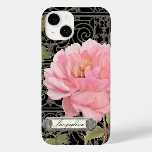 Black Pink Vintage Elegant Stylish Peony Floral Case_Mate iPhone 14 Case
