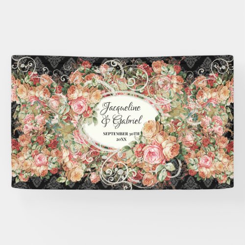Black Pink Vintage Rose Bouquet Bridal Shower Banner
