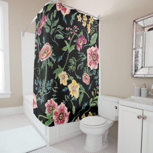 Black Pink Watercolor Floral Anemone Wild Flowers Shower Curtain