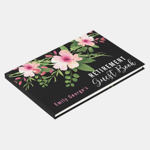 Black Pink Watercolor Floral  Retirement Party Guest Book