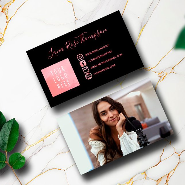 Black Pink Watercolor Social Media Photo & Logo Business Card (Creator Uploaded)