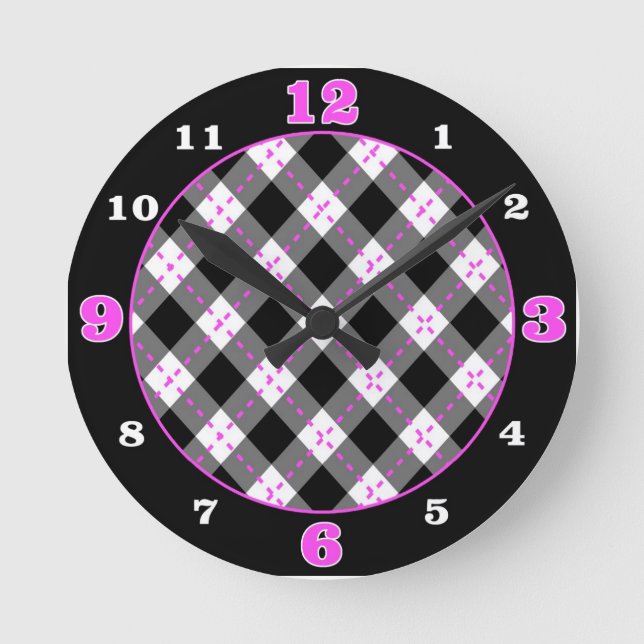 Black/Pink/White Argyle Plaid Round Clock (Front)