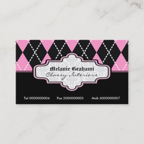 Black pink white argyle trendy business cards