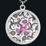 Black, Pink, White Damask Bridesmaid Pendant<br><div class="desc">This stylish black and white damask monogrammed necklace would be a special memento for all the ladies in your wedding party. Change the monogram to the ones you need. Email niteowlstudio@gmail.com if you need any help personalizing this the way you want. The matching wedding invitation is shown below.</div>