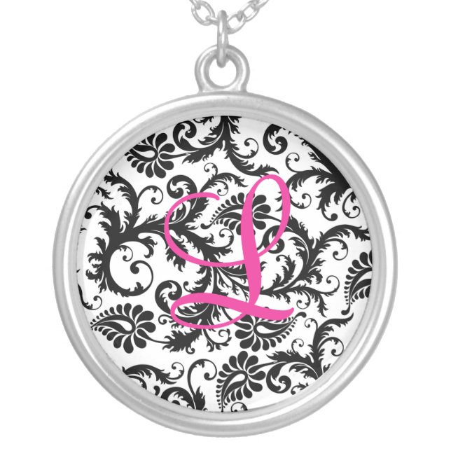 Black, Pink, White Damask Bridesmaid Pendant (Front)