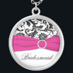 Black, Pink, White Damask Bridesmaid Pendant<br><div class="desc">This stylish black and white damask Bridesmaid necklace with a faux fuchsia ribbon and jewels would be a special memento for all the ladies in your wedding party. Change the word "Bridesmaid" to their name, or to whatever you want there. Email niteowlstudio@gmail.com if you need any help personalizing this the...</div>