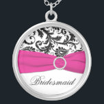 Black, Pink, White Damask Bridesmaid Pendant<br><div class="desc">This stylish black and white damask Bridesmaid necklace with a faux fuchsia ribbon and jewels would be a special memento for all the ladies in your wedding party. Change the word "Bridesmaid" to their name, or to whatever you want there. Email niteowlstudio@gmail.com if you need any help personalizing this the...</div>