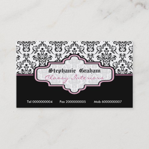 Black pink white damask interiors business card