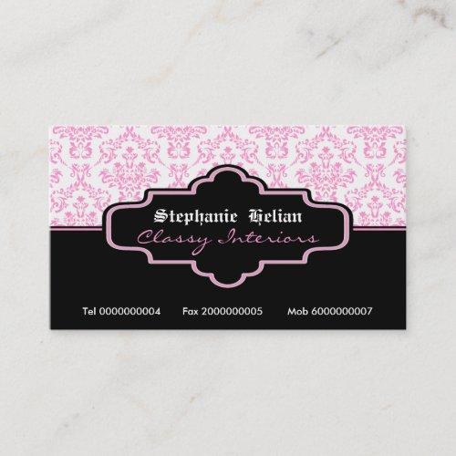 Black pink white damask interiors business cards