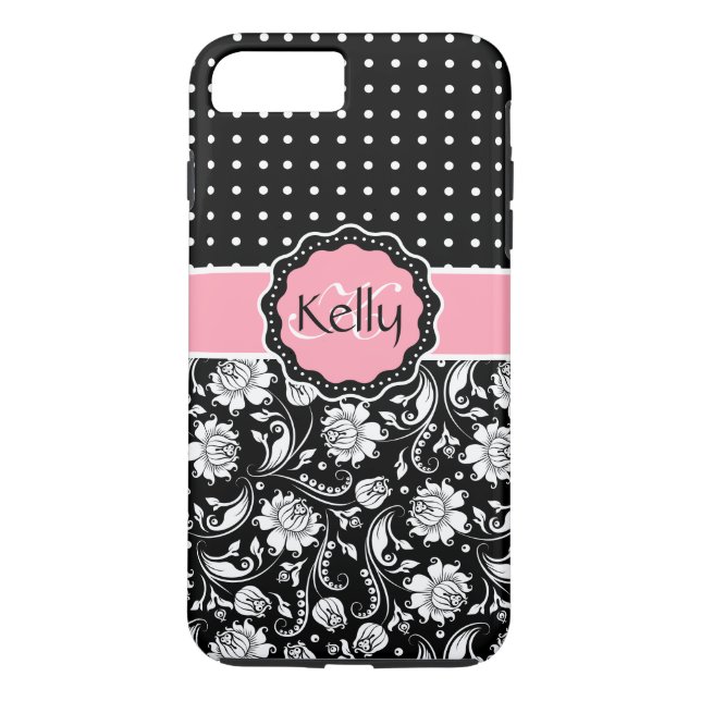 Black Pink & White Damask & PolkaDot Pattern 3 Case-Mate iPhone Case (Back)