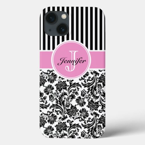 Black Pink  White Damask  Stripes Pattern 2 iPhone 13 Case
