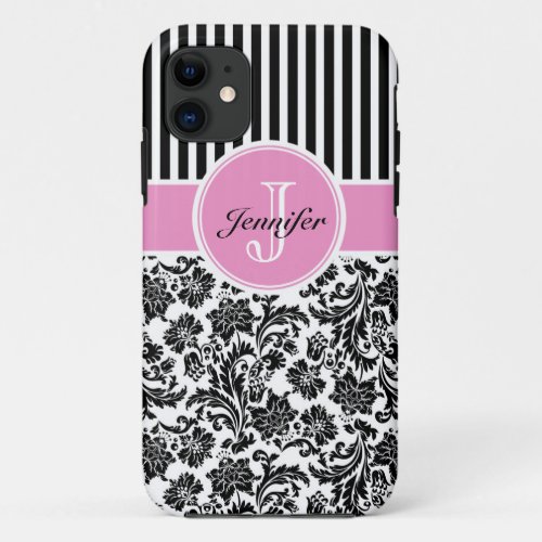 Black Pink  White Damask  Stripes Pattern 2 iPhone 11 Case
