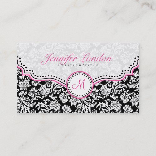 Black Pink  White Elegant Floral Damasks 2 Business Card