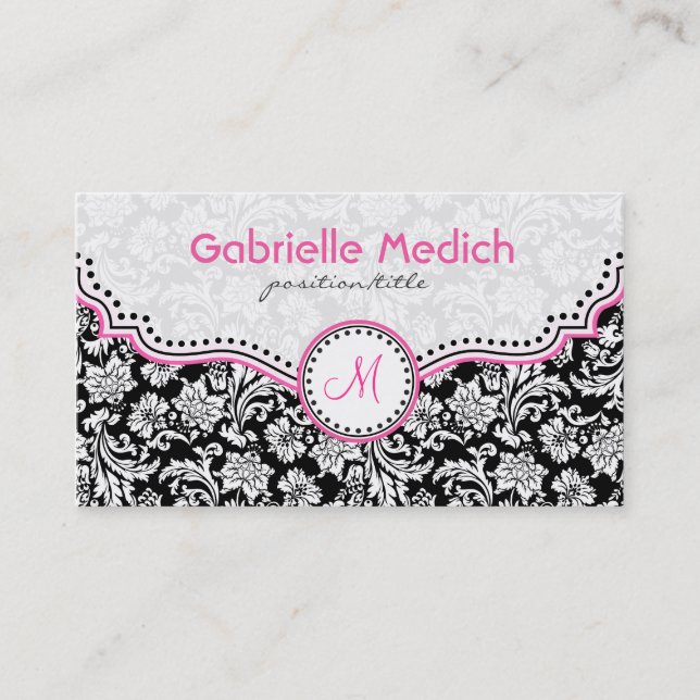 Black Pink & White Elegant Floral Damasks Business Card (Front)
