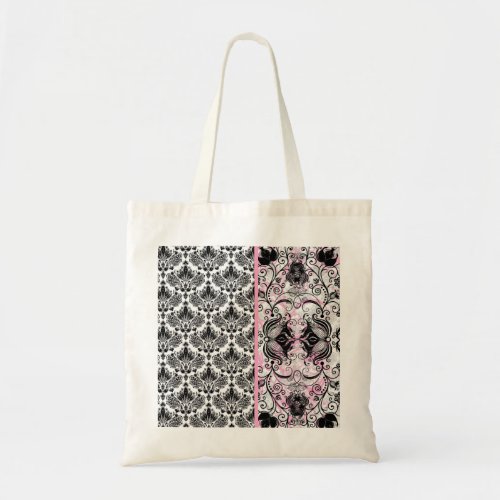 Black Pink  White Floral Damask Pattern Tote Bag