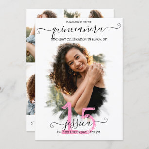 Black Pink White Halo Photo Collage Quinceañera Invitation