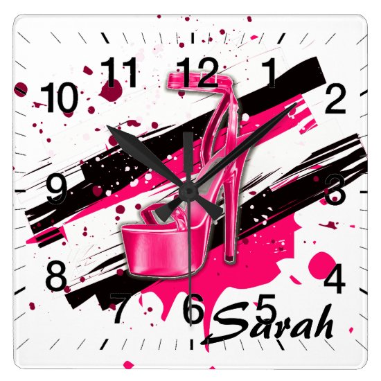 Black Pink & White Hot High Heels Square Wall Clock