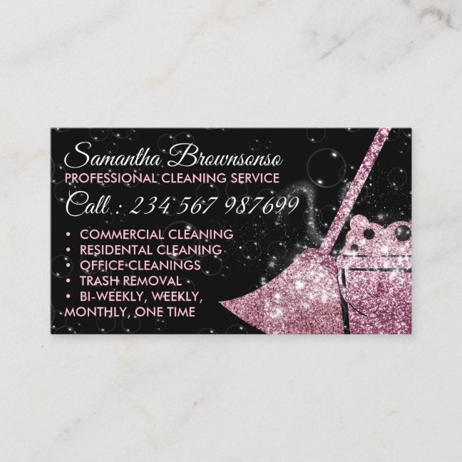 Black Pink White Luxury Cleaning Maid Janitorial Business Card