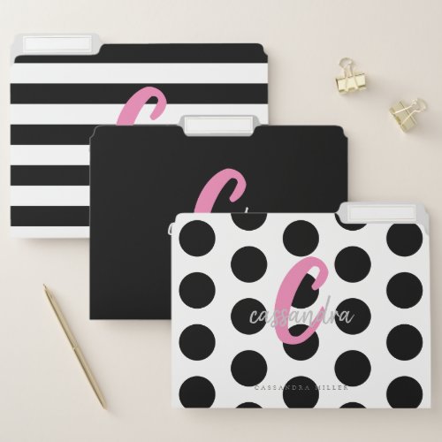 Black Pink White Monogram Name File Folder