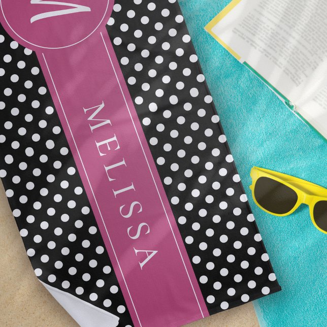 Black Pink White Monogram Polka Dots Beach Towel (Creator Uploaded)