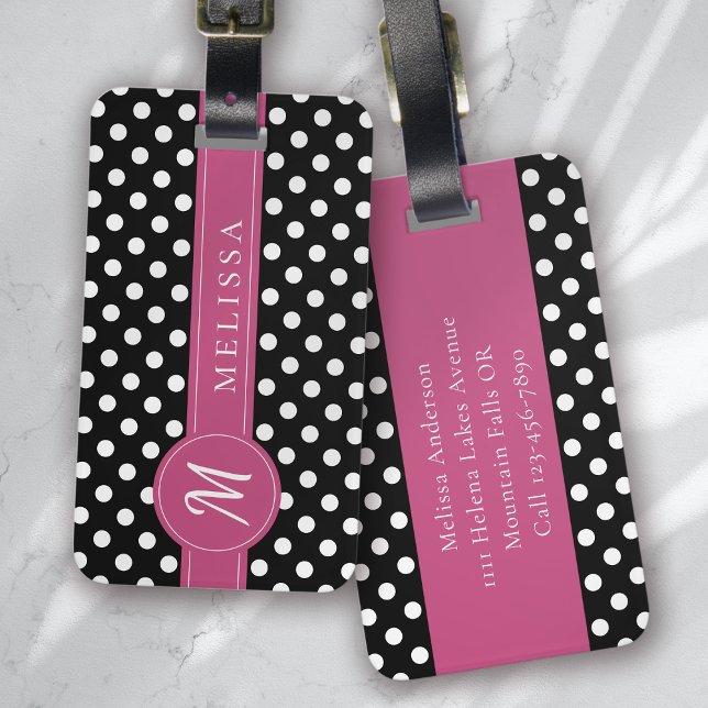 Black Pink White Monogram Polka Dots Luggage Tag (Creator Uploaded)