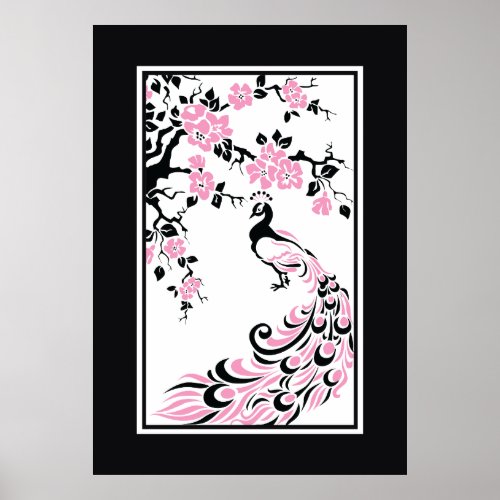 Black pink white peacock and cherry blossoms poster