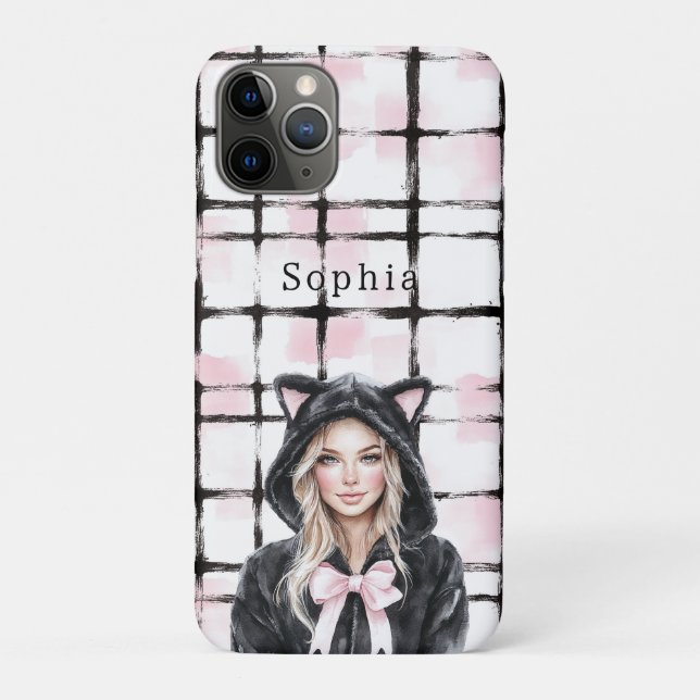 Black Pink White Plaid Stripes Blond Kitty Cat Case-Mate iPhone Case (Back)