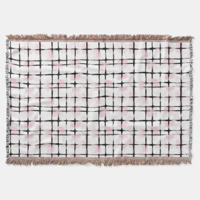 Black Pink White Plaid Stripes Throw Blanket (Front)