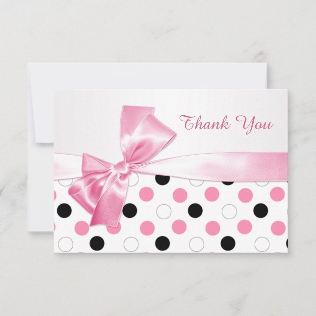 Black, pink, white polka dot Bat Mitzvah Thank You Card (Front)