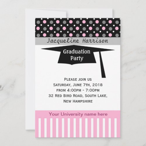 Black, pink, white polka dot, mortar Graduation Personalized Announcement