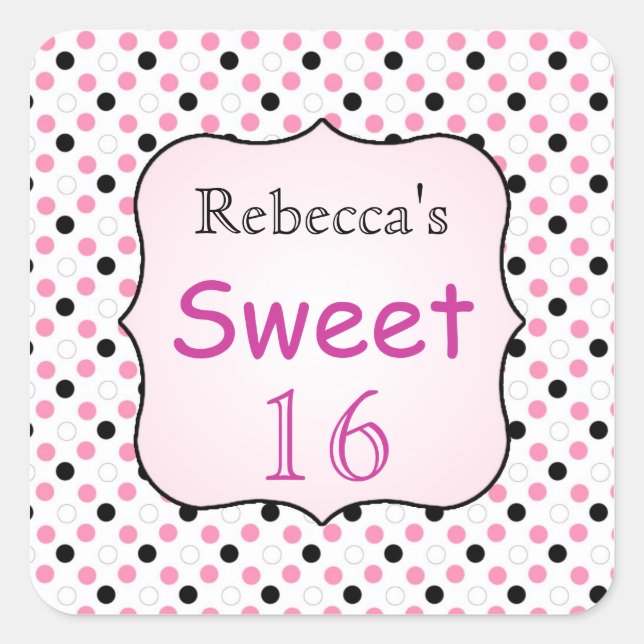 Black, pink, white polka dot Sweet 16 Sticker (Front)