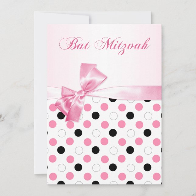 Black, pink, white polka dots Bat Mitzvah Invitation (Front)