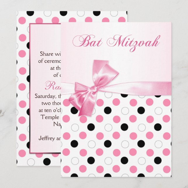 Black, pink, white polka dots Bat Mitzvah Invitation (Front/Back)