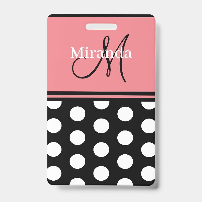 Black Pink White Polka Dots Monogram Script Badge (Front)
