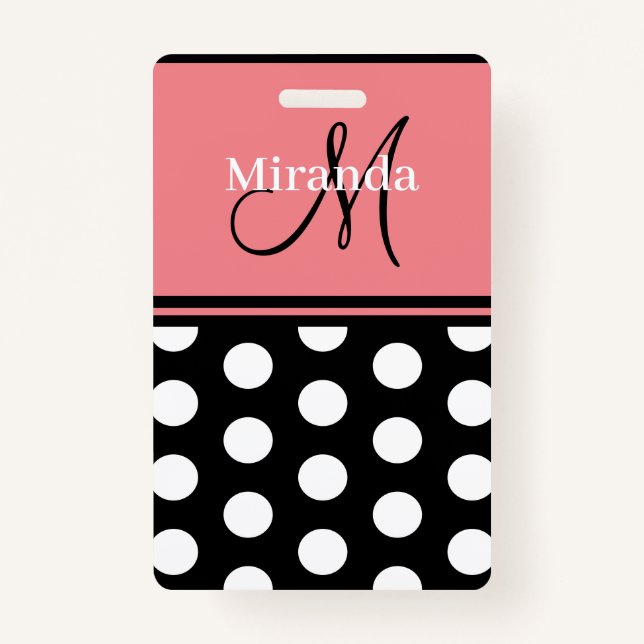 Black Pink White Polka Dots Monogram Script Badge (Front)