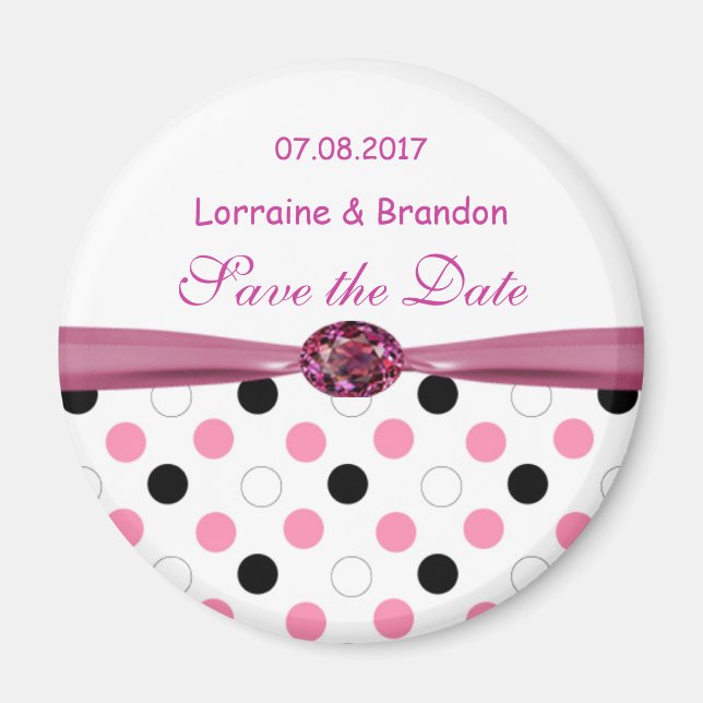 Black, pink, white polka dots Save the Date magnet (Front)